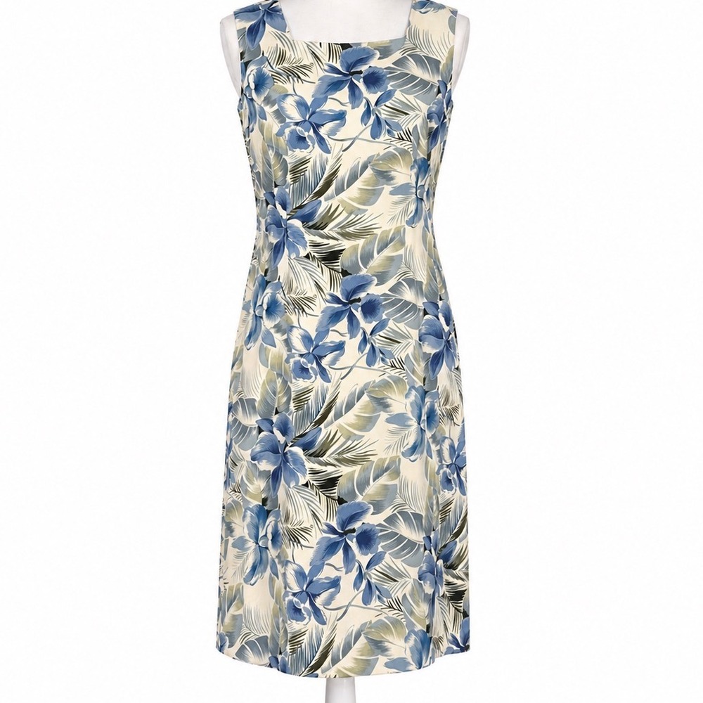 Norm Thompson Floral Shift Dress 6 Blue Green Tropical Palm Square Neck‎ USA